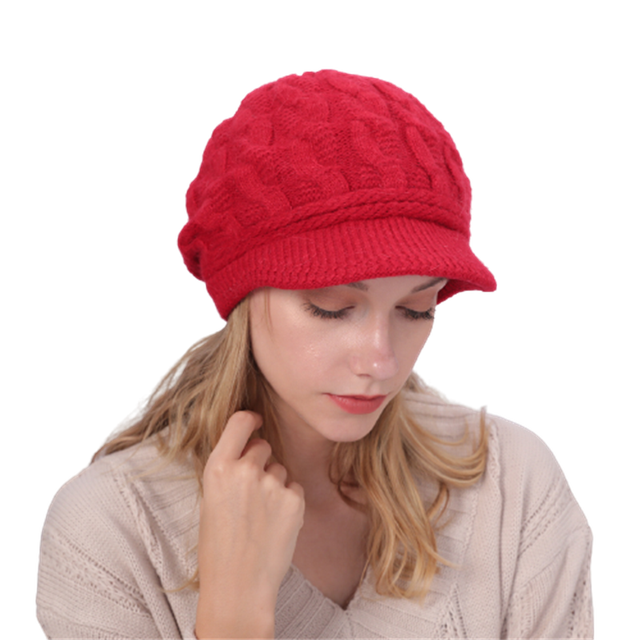 Gorros de felpa con visera de punto trenzado para mujer, boina informal a prueba de viento, Color liso, Otoño e Invierno: HSH25-Red