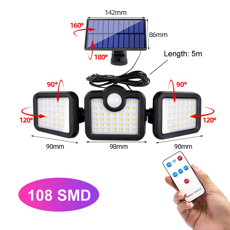 Solar LED Light Outdoor 108 LED 3 Head Motion Sensor Remote Control Lamp 270 Wide Angle Illumination Wall lamp Flood Lights: Separation-108 SMD