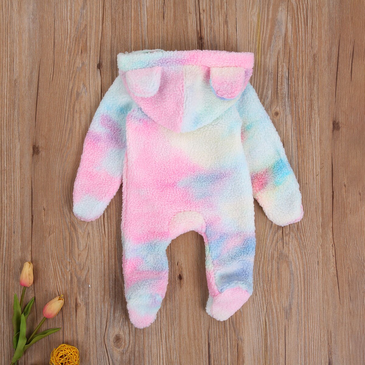 Herfst Winter Baby Kleding Meisjes Jongens Rompertjes Bont Tie-Dye Print Lange Mouwen Rits 3D Oor Hoodie Mooie footies Jumpsuits