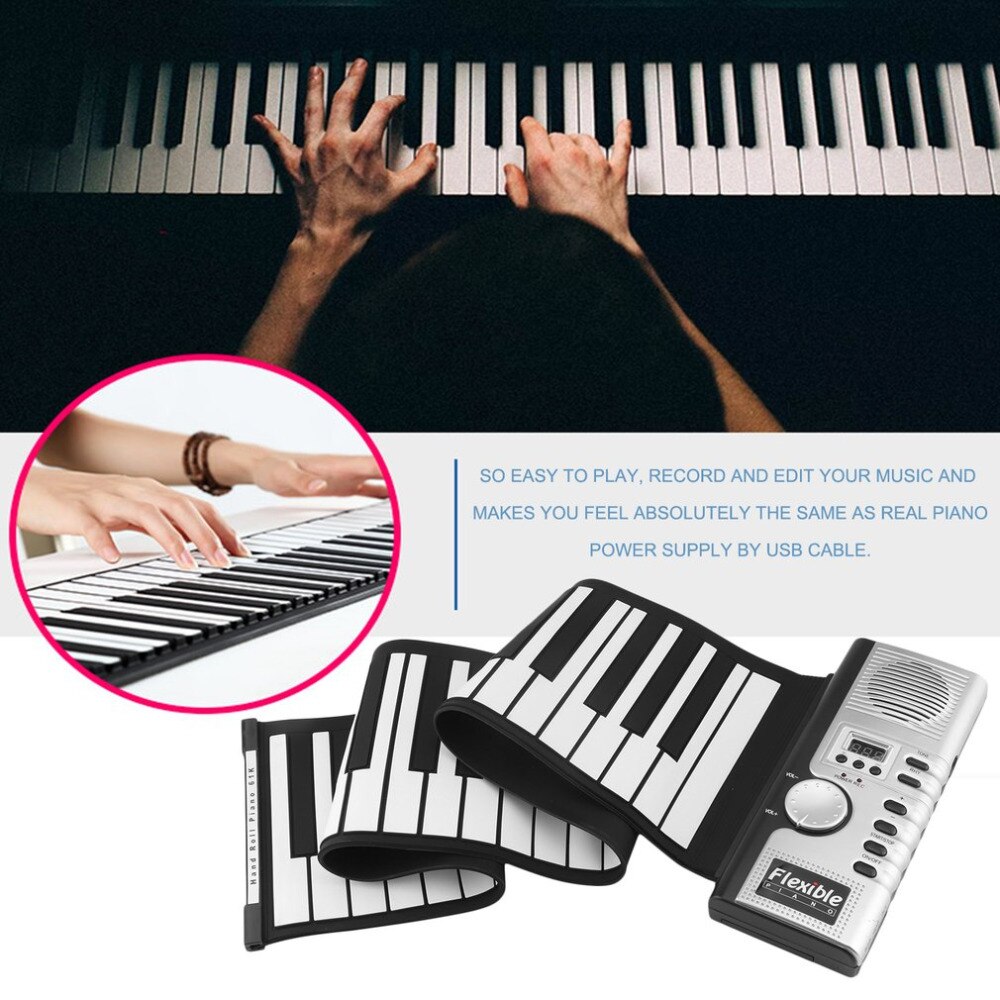 Waterproof Rechargeable Digital Keyboard Piano 61 Keys 128 Tones Portable Flexible Electronic Roll Up Piano Built-in Speaker