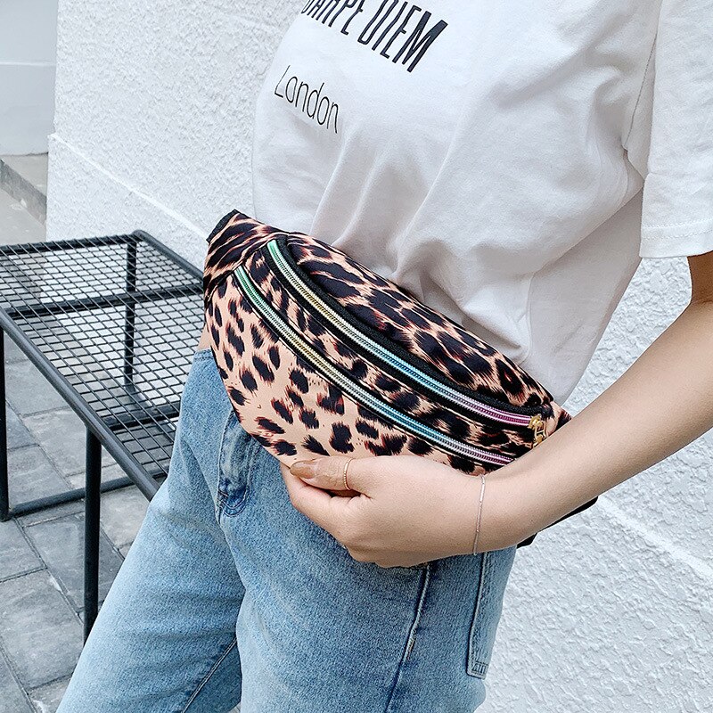 Brivilas nylon fanny pack fo women leopard print sport waist bag female purse belt bags multifunction chest bag crossbody