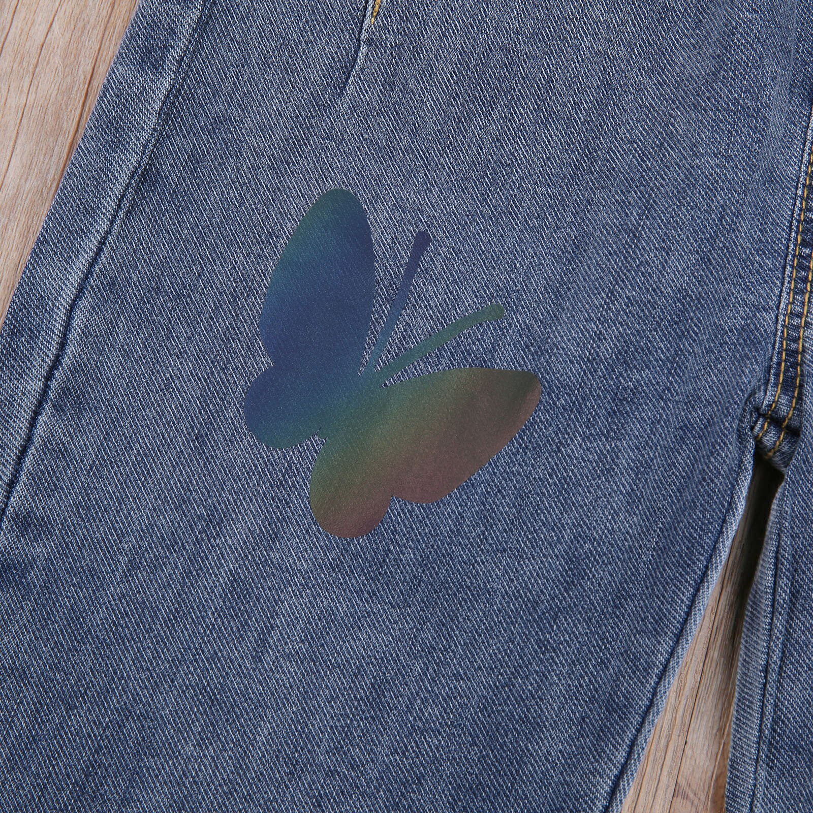 Girl's Long Kids Jeans Elastic Waist Rainbow Butterfly Pattern Long Denim Pants with Side Pockets Lovely Casual Trousers