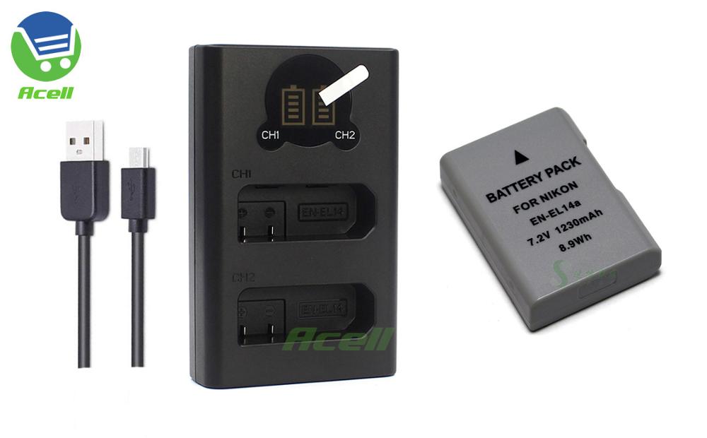 Batería de EN-EL14a + LCD USB cargador Dual para cámara Nikon, reemplazo de EN-EL14, para D5600, D5500, D5300, D5200, D5100, D3500, D3400, D3100, Df: 1Battery 1Bi-Charger