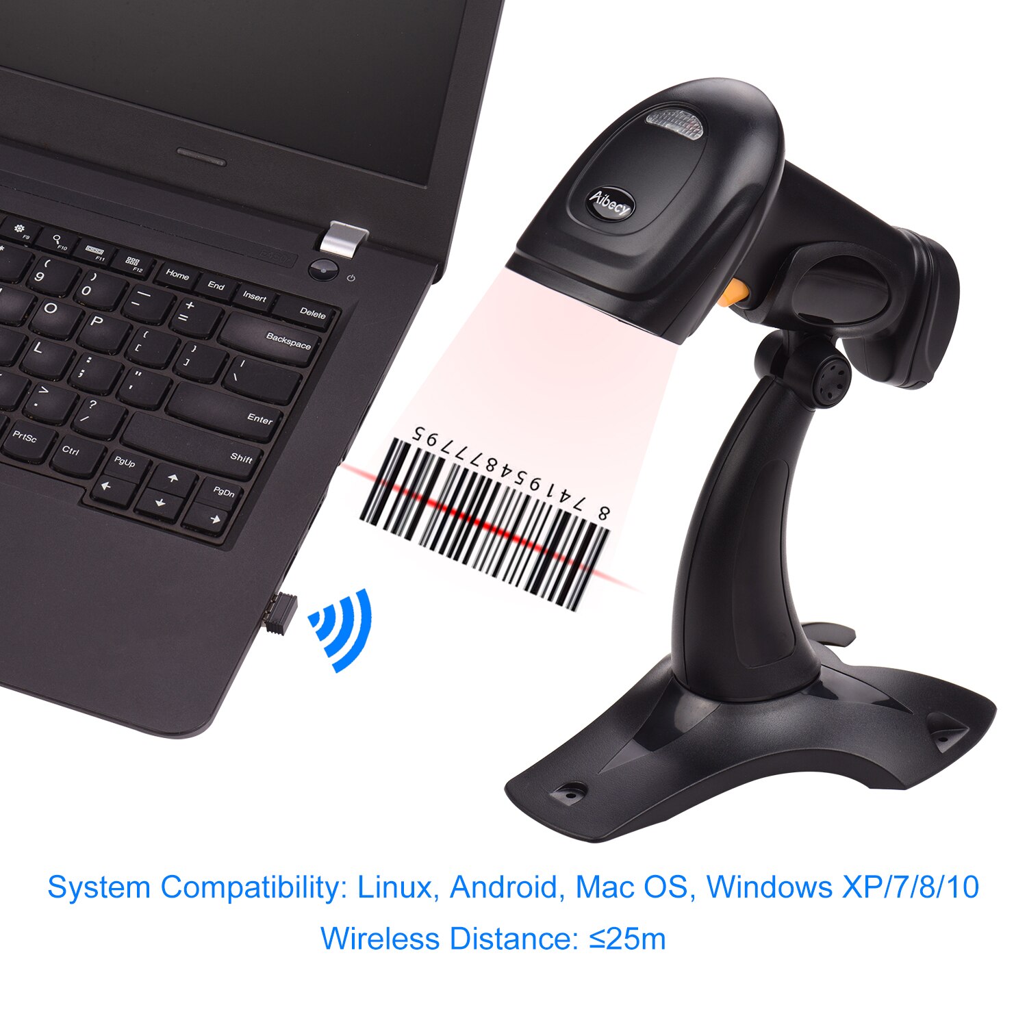 Aibecy 2.4g sem fio 1d scanner de código de barras leitor de código de barras portátil com cabo usb suporte receptor compatível para macos windows