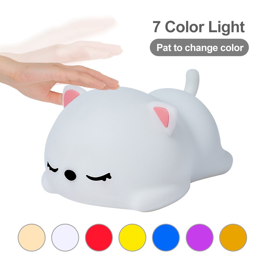 Nachtlicht katze silikon nachtlicht usb-wiederaufladbar touch-sensor schlafzimmer bettlampe mit fernbedienung für kinder baby dekoration: 7 farben