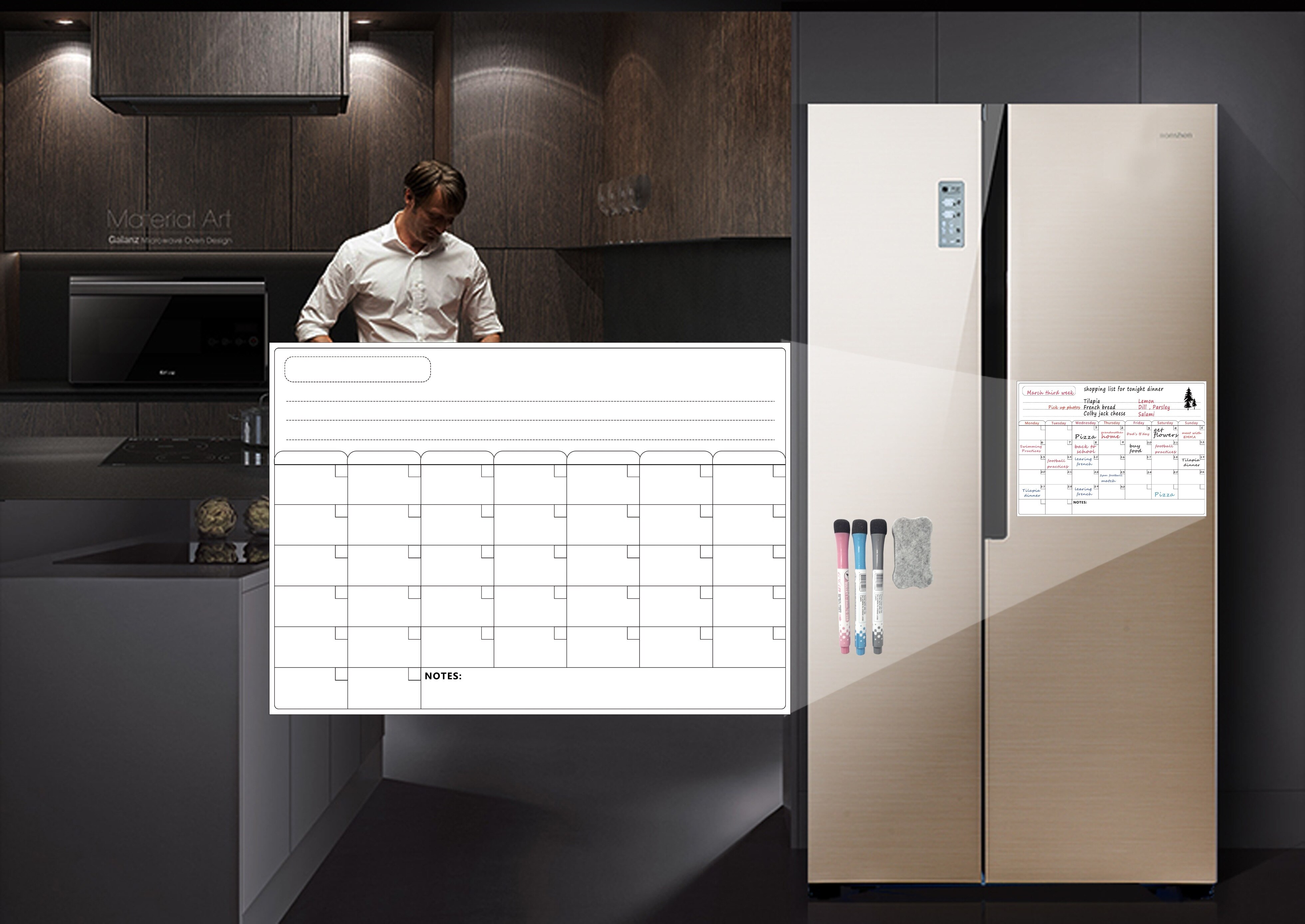 Dry Erase Calendar - A3 Magnetic Dry Erase Weekly Calendar for Refrigerator - Grocery List and Week Menu Board for Fridge