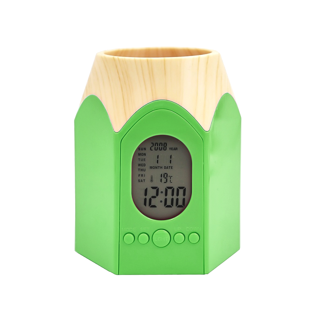 Pencil Head Shape Pen Holder with LED Digital Alarm Clock Multi-function Pencil Pot Table Clock with Office Temperature Calendar: Green