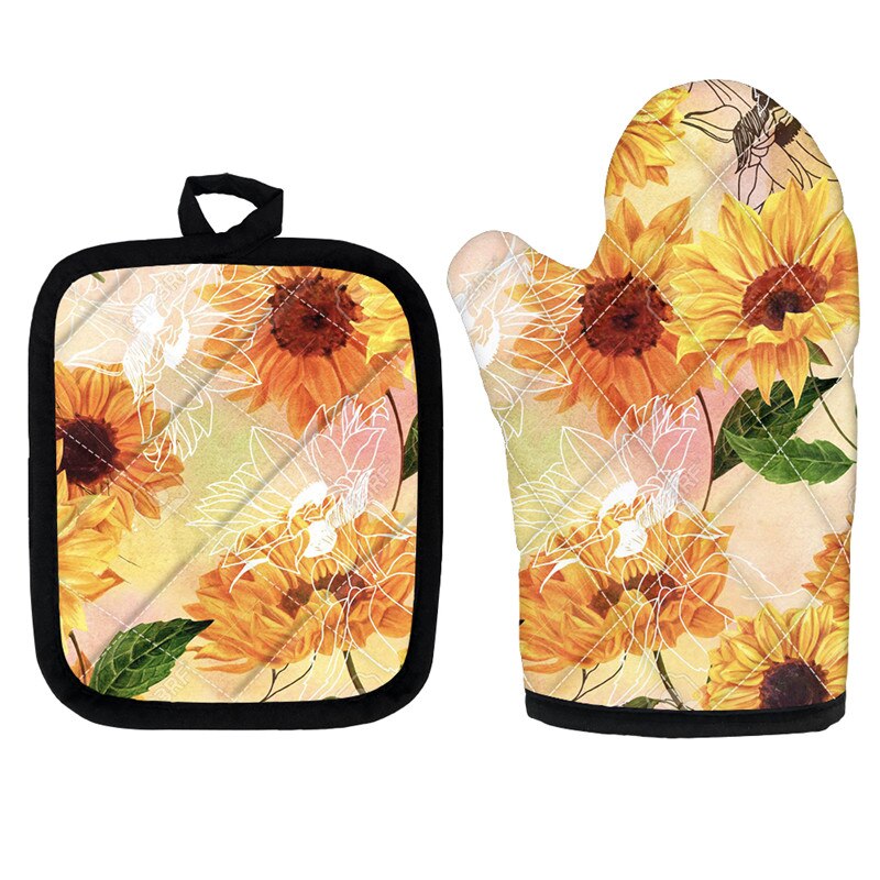 Golden Sunflowers Oven Mitts and Pot Holders Insulated Gloves for Cooking BBQ Baking Grilling Floral Style Kitchen Accessories: YY4299D19