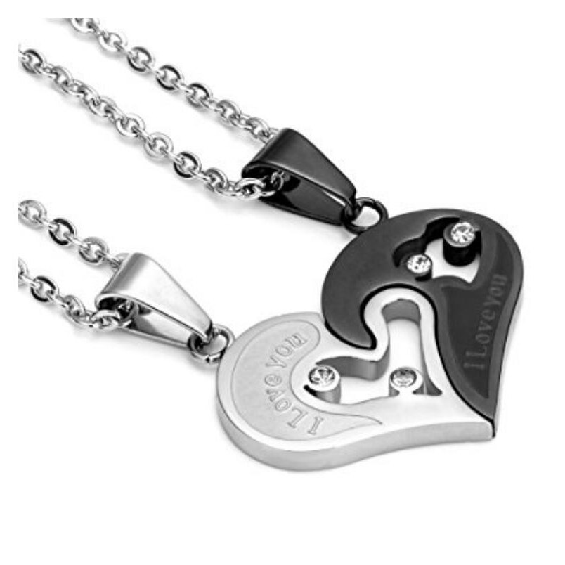 Twee Kleuren Rvs Heren Dames Paar Ketting Hanger Liefde Hart Cz Puzzel Matching