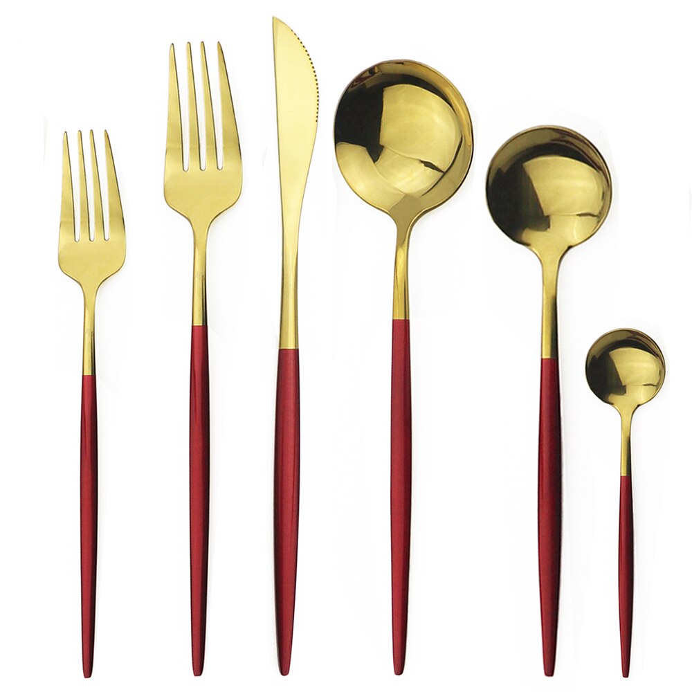 6Pcs Red Flatware Set Knife Fork Spoon Cutlery Set 304 Stainless Steel Dinnerware Set Mirror Green Gold Tableware Set Silverware