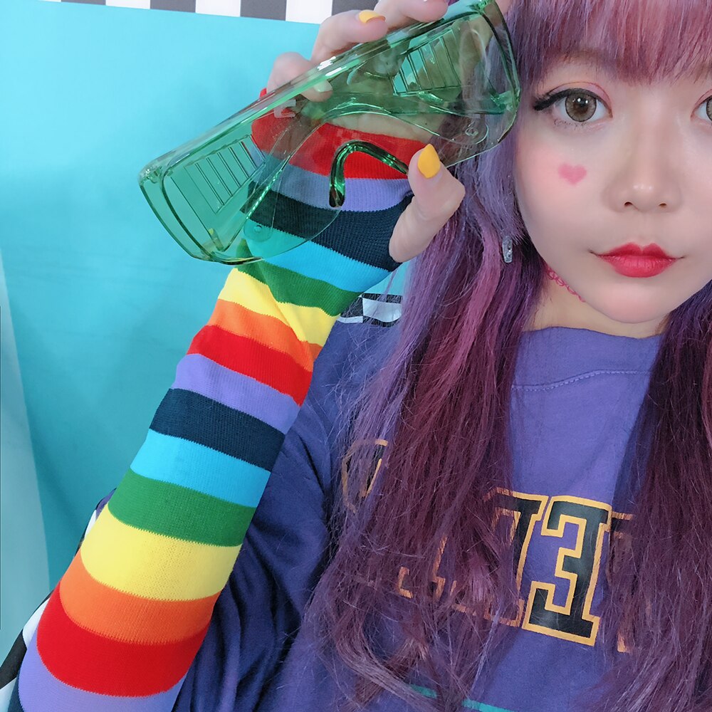 Gant gothique Harajuku Punk Style Rose rouge rayé, mi-doigt Long, 9 couleurs, gants longs pour filles, Streetwear: 4