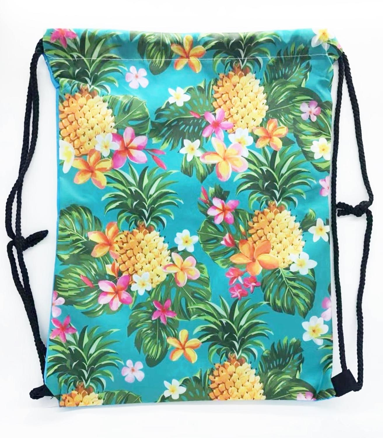 Mochila de corda para mulher, cor verde com estampa de pijamas e flores, 100% poliéster
