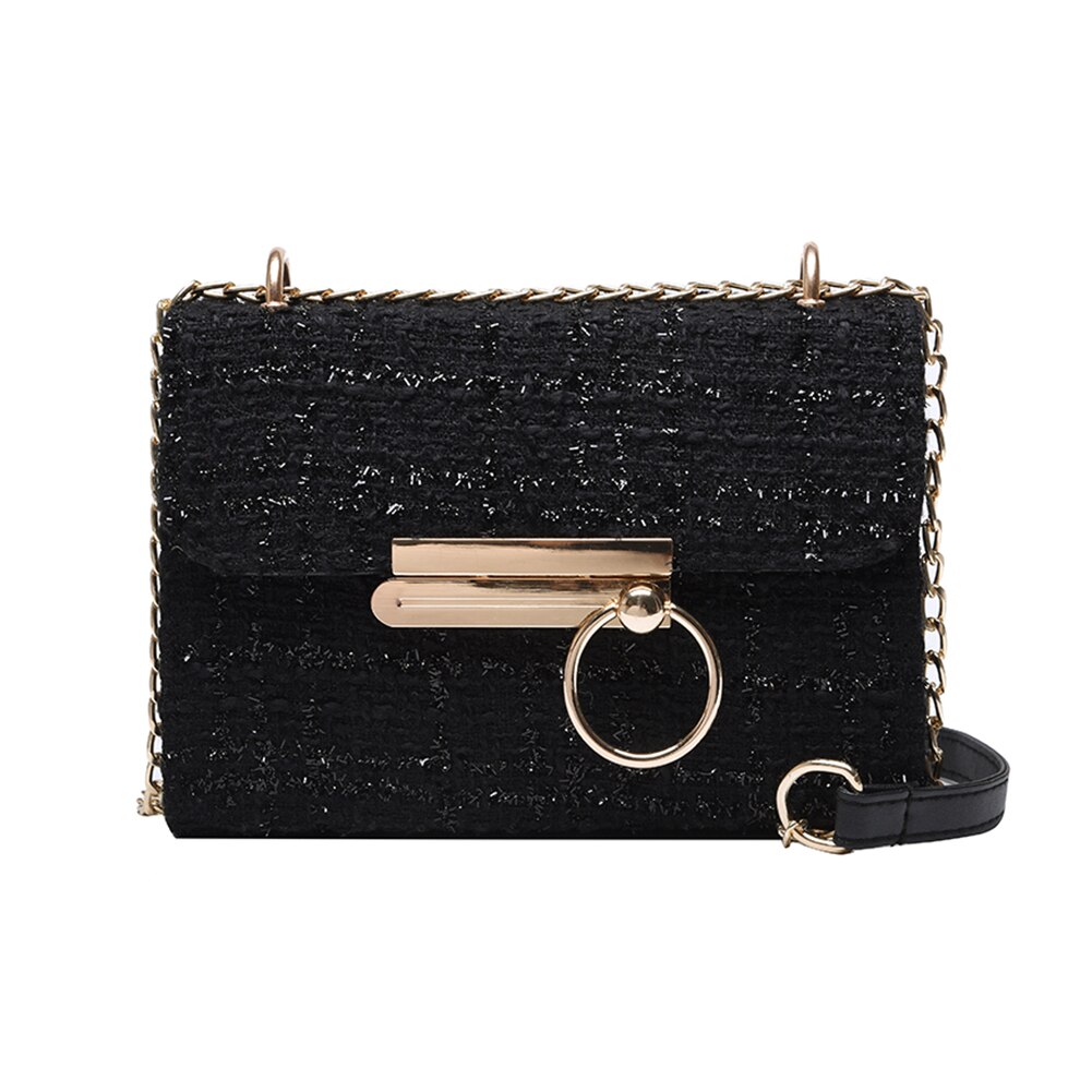 Retro wollen schoudertas voor dames, vierkante kleine crossbody-reistas: Zwart