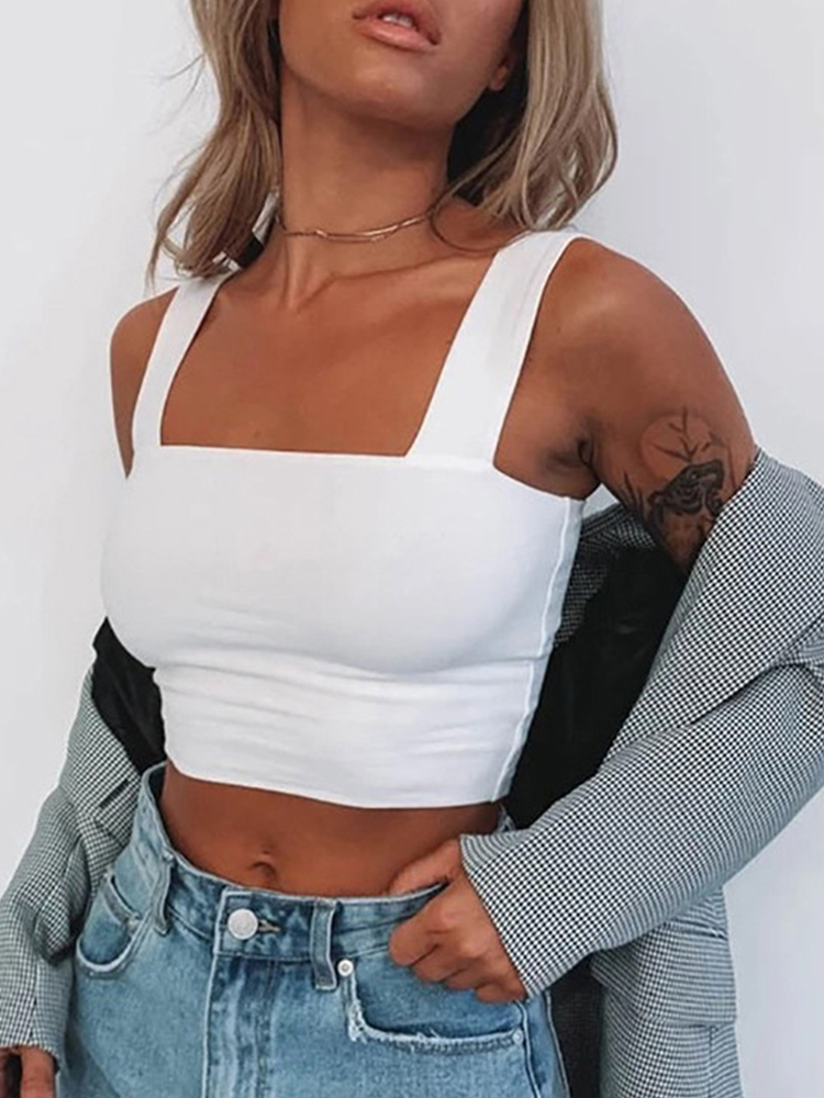 Ærmeløs sommer crop top med firkantet hals, hvid, sort, afslappet basis t-shirt med off-shoulder-effekt, sexet, rygløs tanktop
