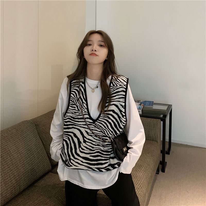 Stickad tröja väst dam höst koreansk stil vintage zebra randig v-ringad ärmlös tröja linne väst  t544