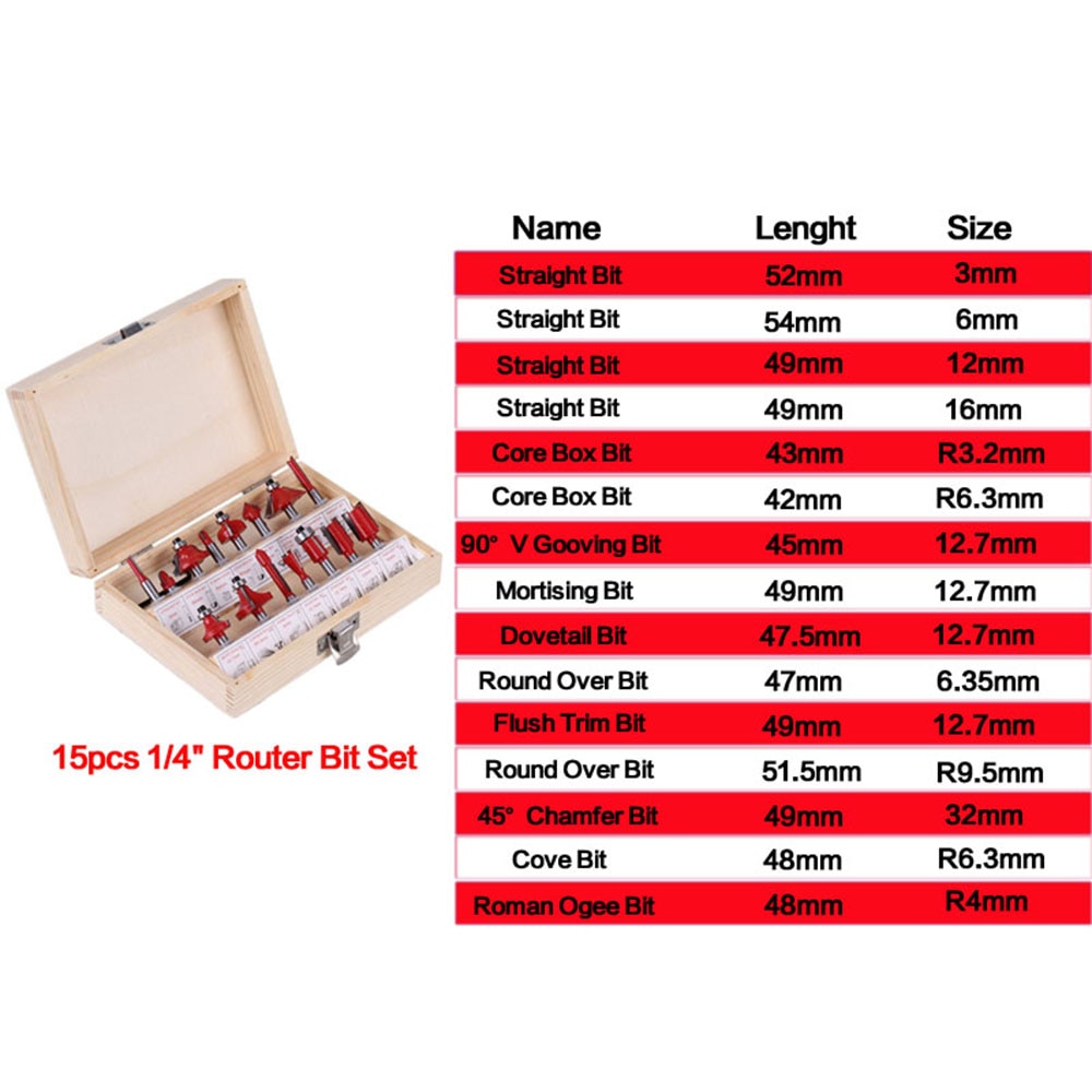 15pcs 6.35mm Shank Milling Cutter Machine Set Router Bits for Wood Carbide Mill Woodworking Engraving Milling Cuttings Tools