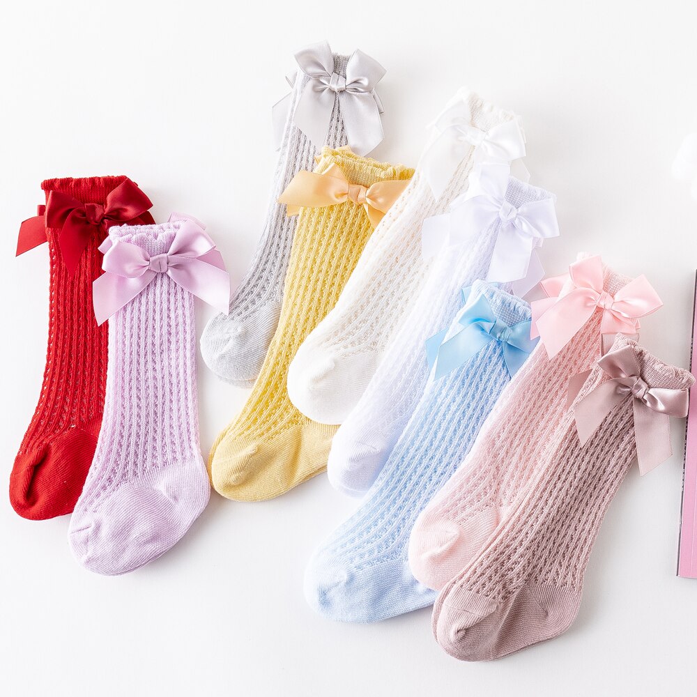Baby Girl's Summer Socks Solid Color Breathable Comfortable Infant Socks with Bowknot for Birthday Party Vacation Photography