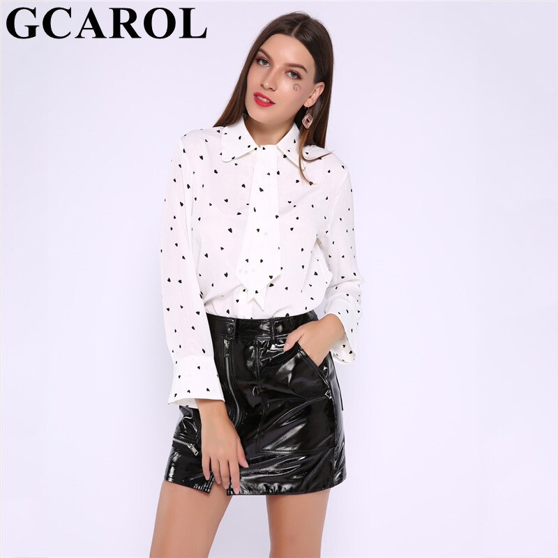 Gcarol kvinder sløjfe lille kærlighed trykt ol skjorte hvid sød chiffon bluse forår sommer basic perfekt toppe tøj