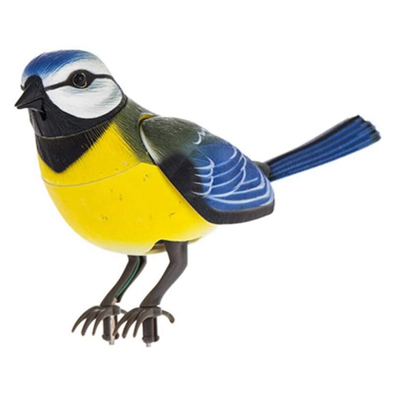Simuliertes elektronisches, geräuschaktiviertes vogelspielzeug, das mit einem geräuschsensor zwitschern und singen auslöst.