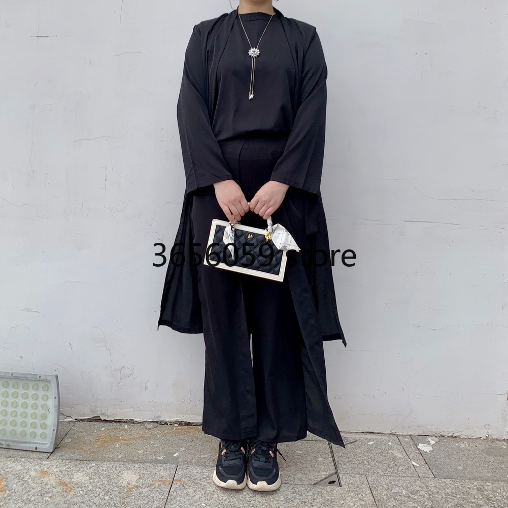 3 Pieces Set Sleeveless Tops Pants Suit With Open Abaya Dress For Muslim Women