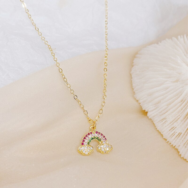 14k véritable or coloré arc-en-ciel Zircon collier pour dame charme clavicule tempérament Colar Bijoux pendentif Bijoux: rainbow