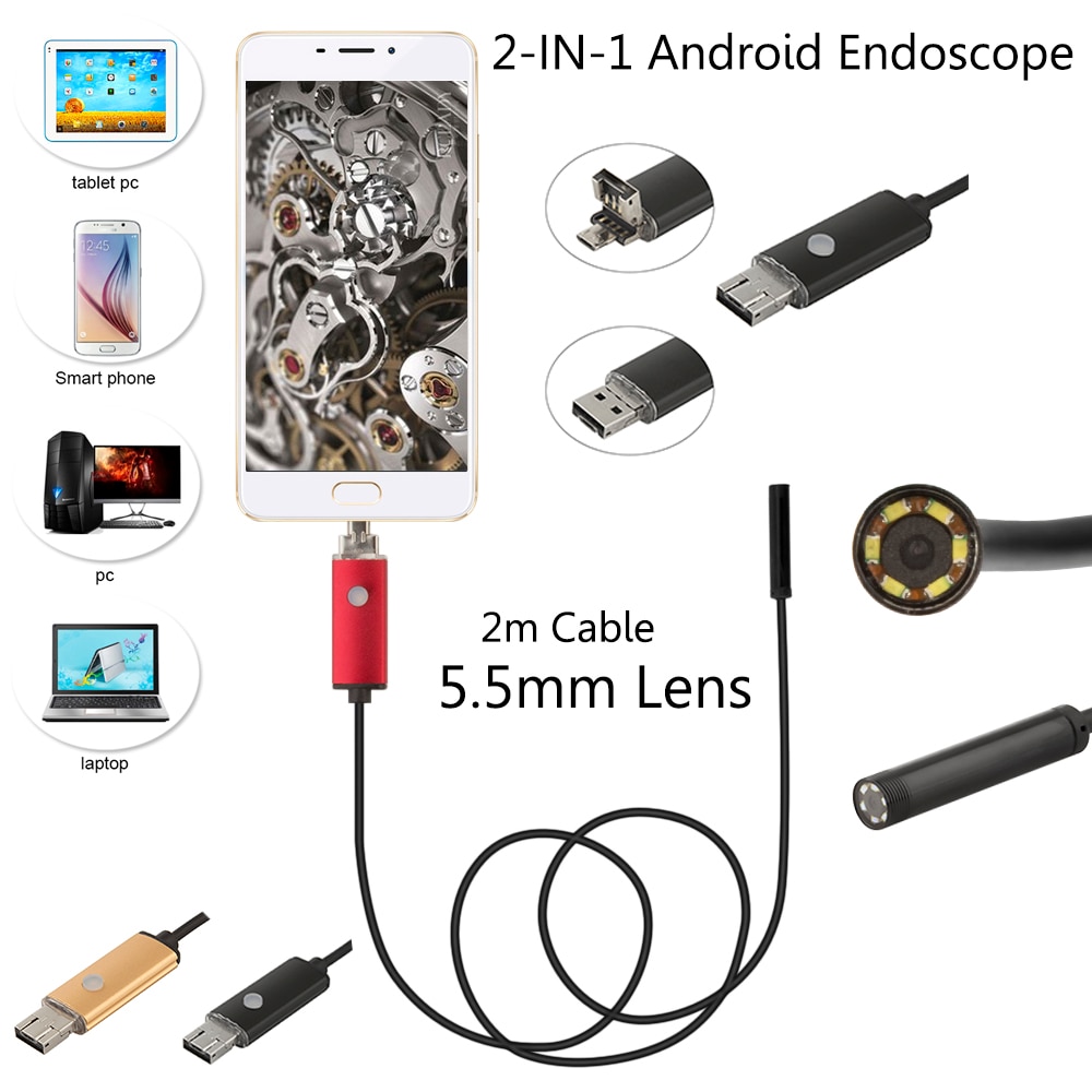 5,5 MM USB endoskop Android kamera 1/2/5/10m flexibel schlange rohr erkennung smartPhone OTG endoskop kamera 6LED