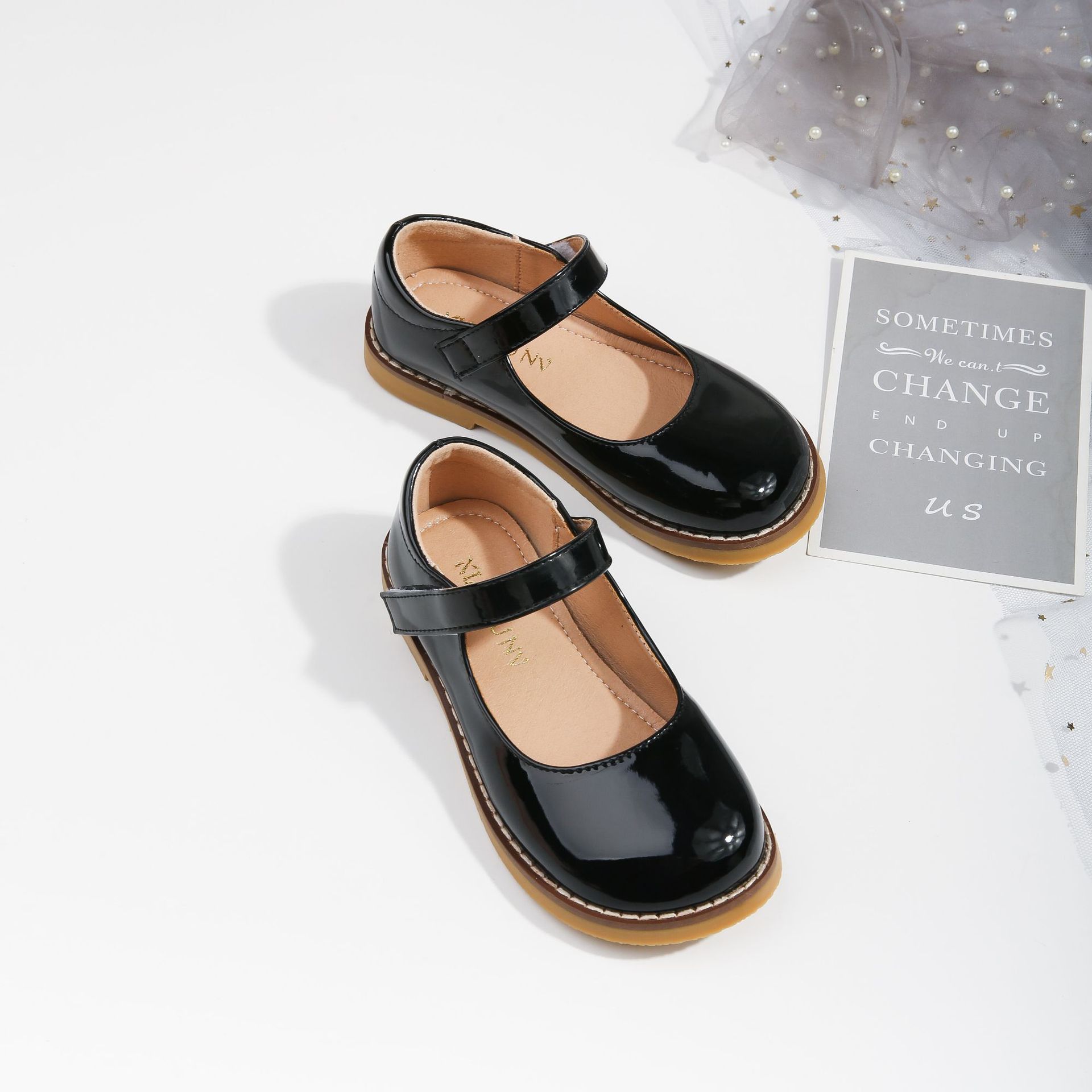 Girls Shoes Kids Fall Kid's Round Head Shoes Infant Shiny Children Princess Girl Students Soft Bottom Shoes Leather: black / 26 (Inner 17CM)