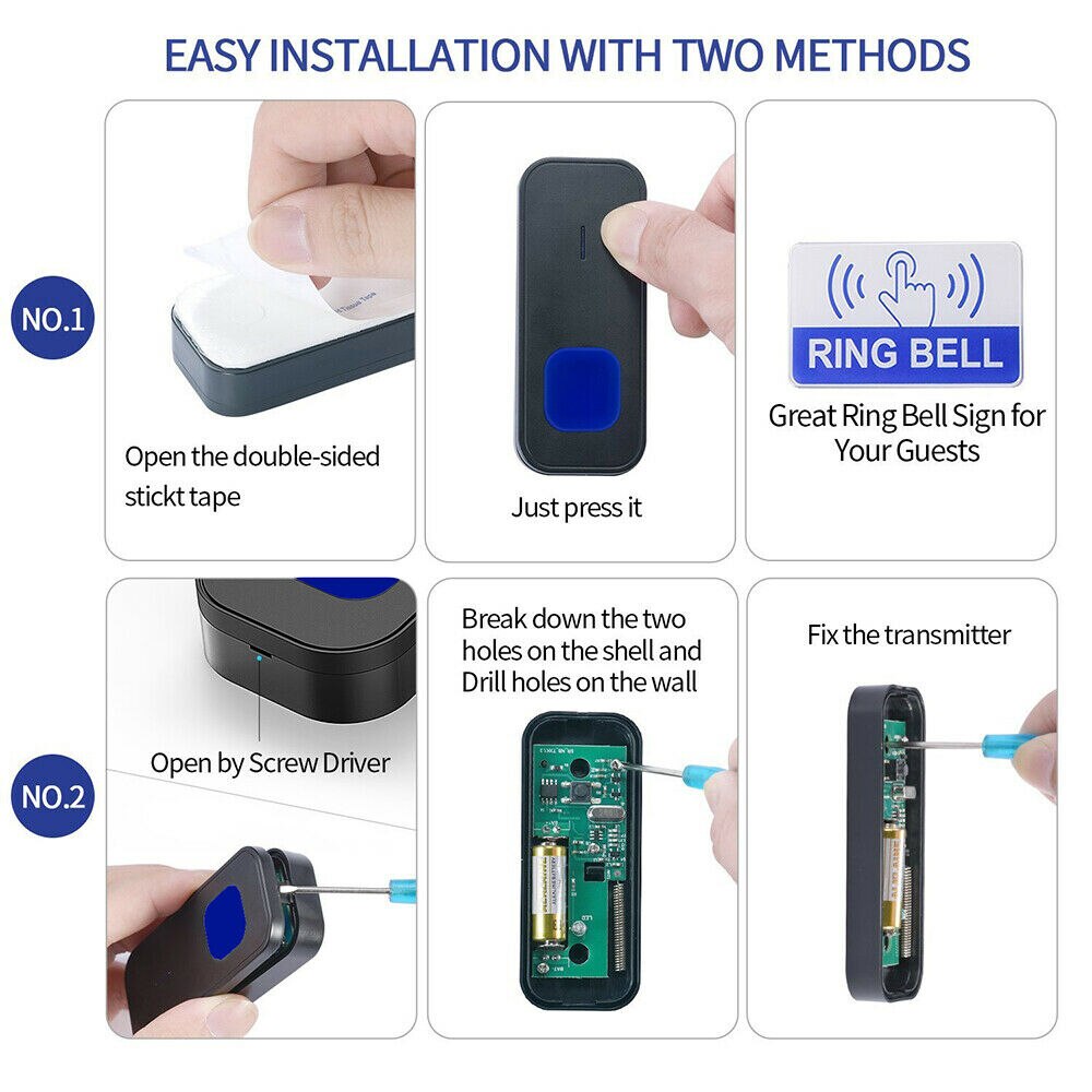 Timbre inalámbrico LED de 1000 pies, timbre de puerta inteligente con control remoto, impermeable, volumen ajustable con batería para patio de casa al aire libre