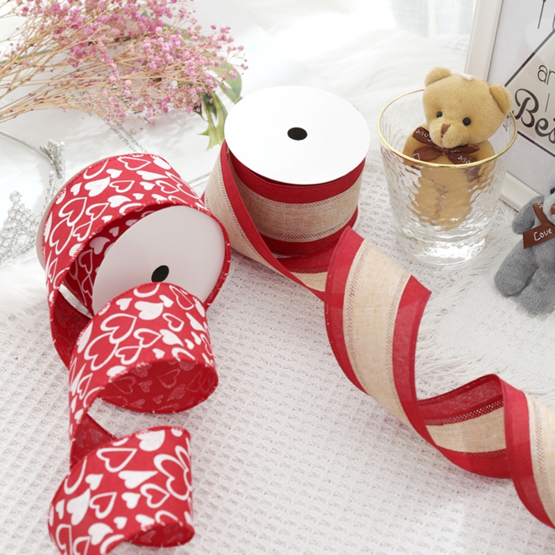 69HF 10 Yards Heart Stripe Printed Ribbon Valentine's Day Mother's Day Satin Ribbons for Wrapping DIY Craft