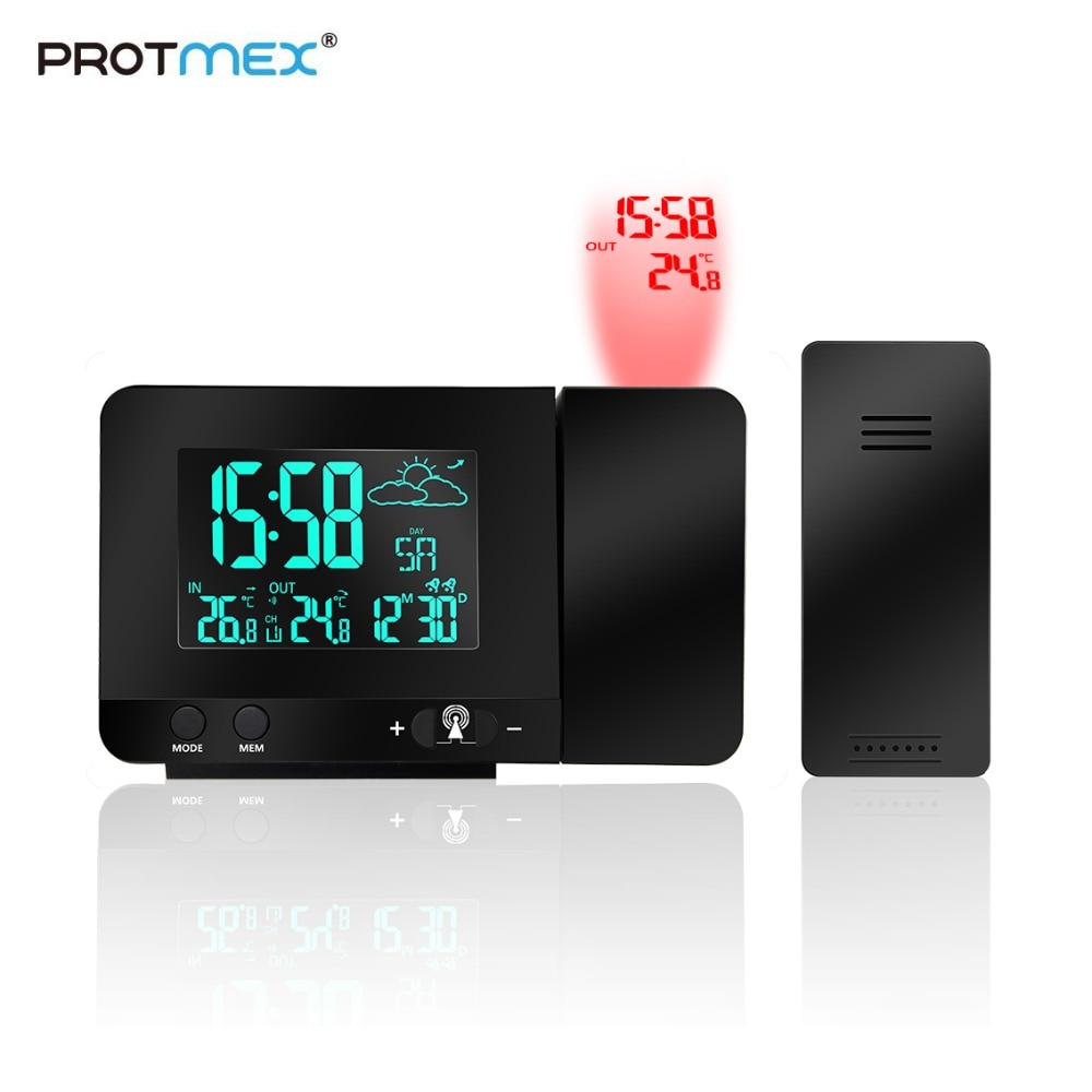 Protmex Projectie Wekker, PT3531B DCF Digitale Radio Controlled Projectie Klok met Weerstation, Dual Alarmen