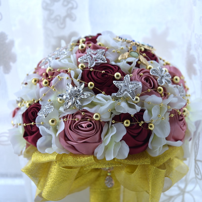 Kyunovia charmant Mond Sterne Brosche Strauß Satinband Braut Hochzeitsstrauß Brautstrauß Perlen Burgund Rosen Hochzeit Strauß FE43