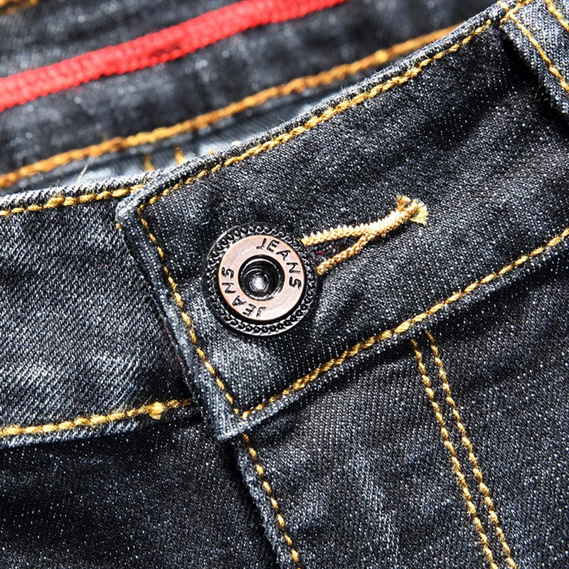 Stretch Slim Men's Grey Jeans Punk Hole Red Patch Pants Ripped Skinny Tore Up Jeans for Men Ankle Pants Streetwear