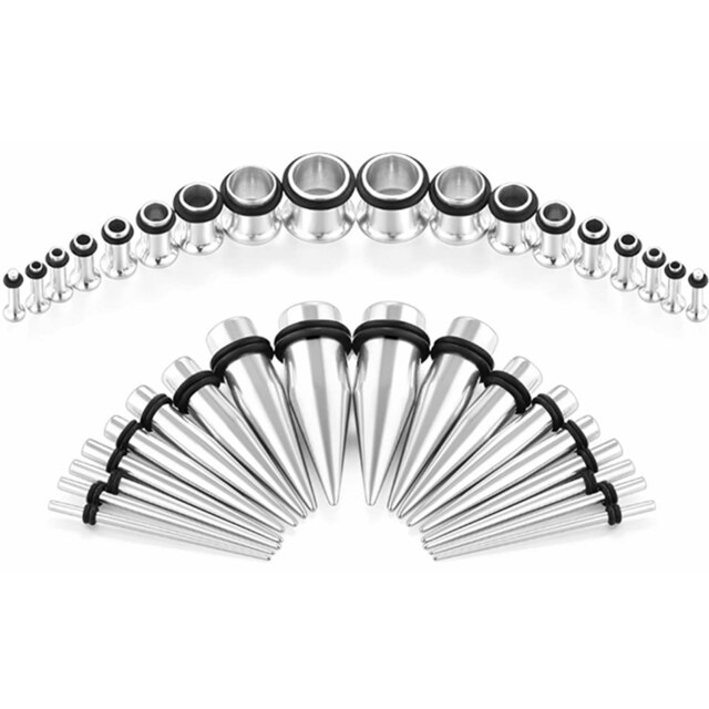 36PCS Ear Gauges Stretching Kit 14-00G Stainless Steel Ear Plugs Tunnels Flesh Tapers Set Stretcher Taper Set Dilataciones Oreja: Silver