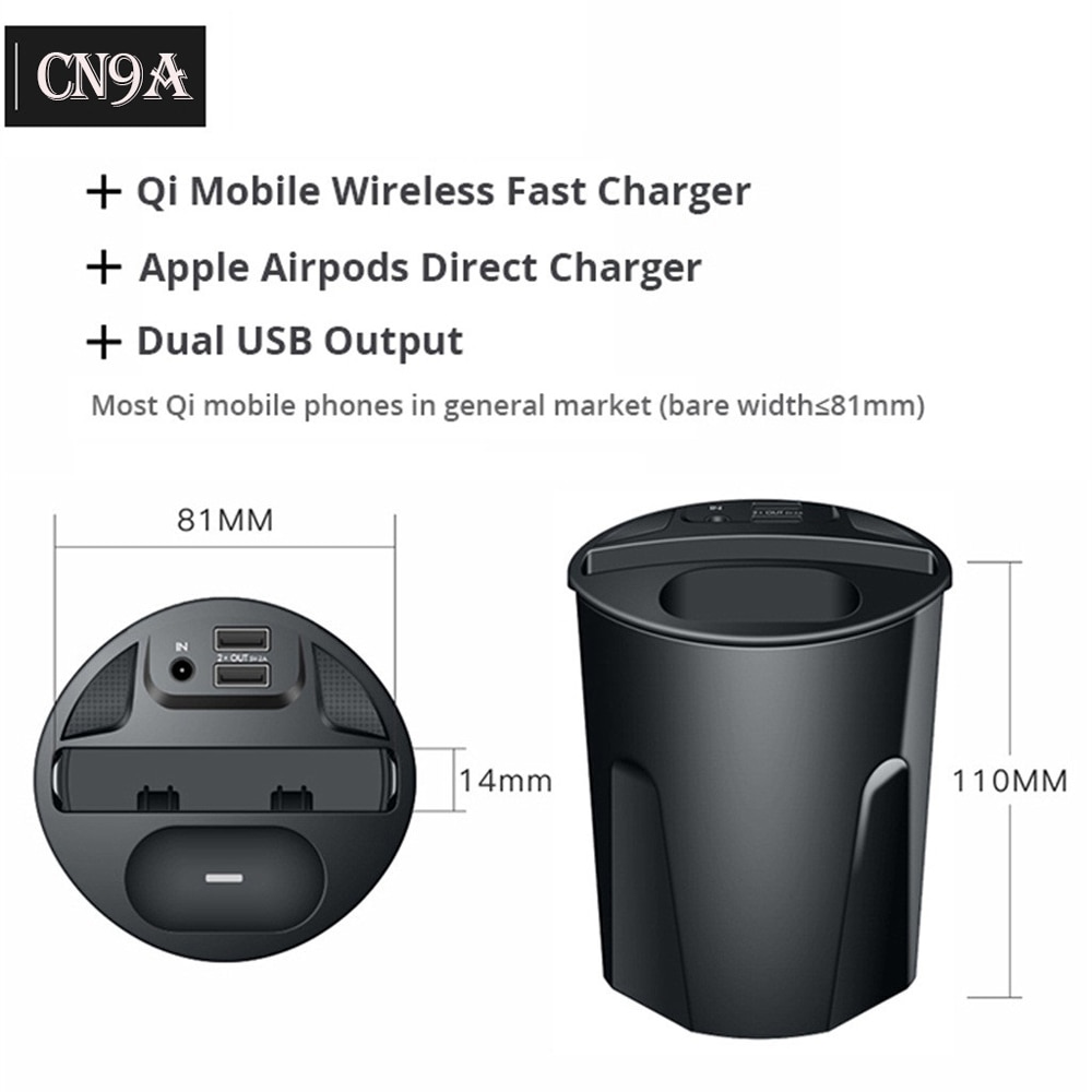 Portabicchieri Caricatore Wireless Auto - Ricarica Rapida 10W - Uscita USB - Con Supporto & Indicatore - Per iPhone 12/11/XS/XR