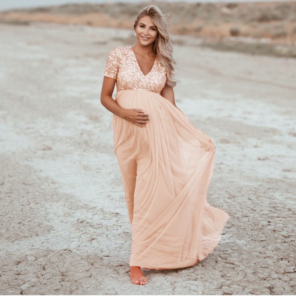 Kvinder kjole barsel fotografering rekvisitter blonder graviditetstøj gravid kortærmet sequined solid kjole ropa embarazada