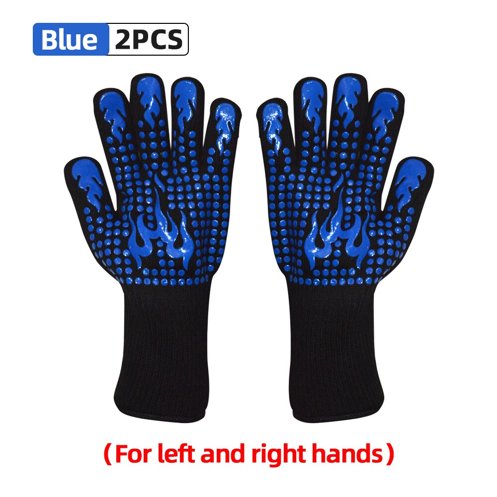 BBQ Grill Gloves High Temperature Resistance 800 Degrees Fireproof Heat Insulation Glove Cooking Baking Barbecue Microwave Oven: One Pair-Blue A