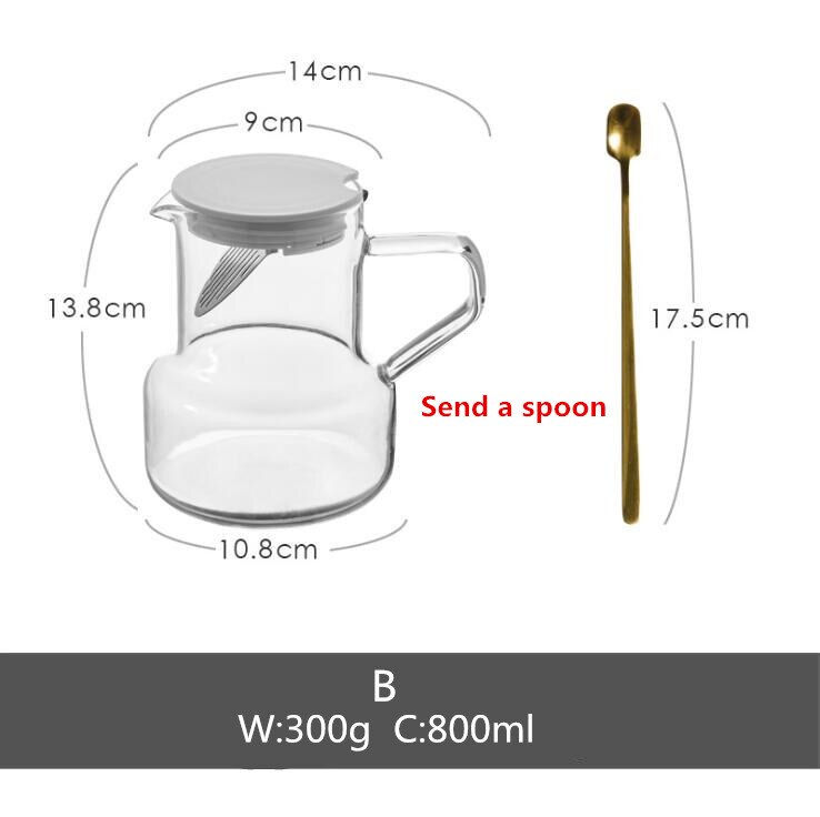 Jarra de agua de cristal transparente de 800 ML, tetera perfumada Cha, tetera, jarra resistente al calor a prueba de explosiones, jarra calentable, 1 unidad: B