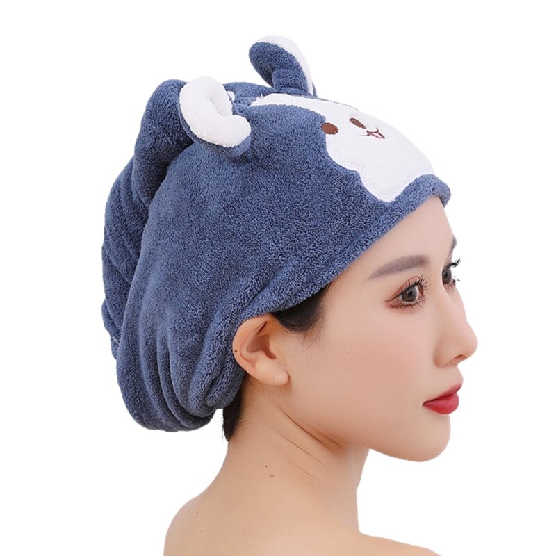 Cartoon Coral Velvet Hair Towel Turban Wrap Quick Dry Shower Hat with Button Cute Dog Microfiber Super Absorbent: Navy Blue
