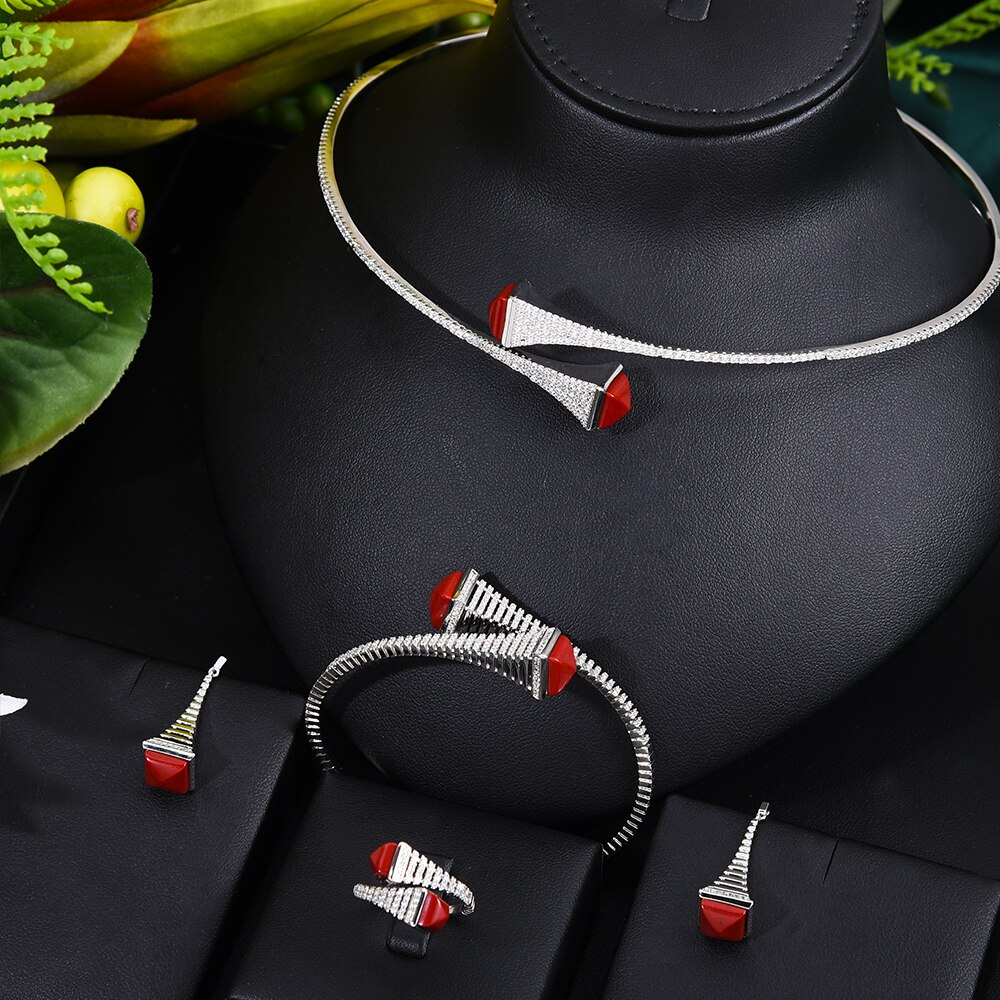 GODKI nowa sława marka 4 sztuk Waterdrop zestawy biżuterii dla kobiet Wedding Party Cubic cyrkon wysokiej klasy Craft Dubai zestaw biżuterii ślubnej: silver red set