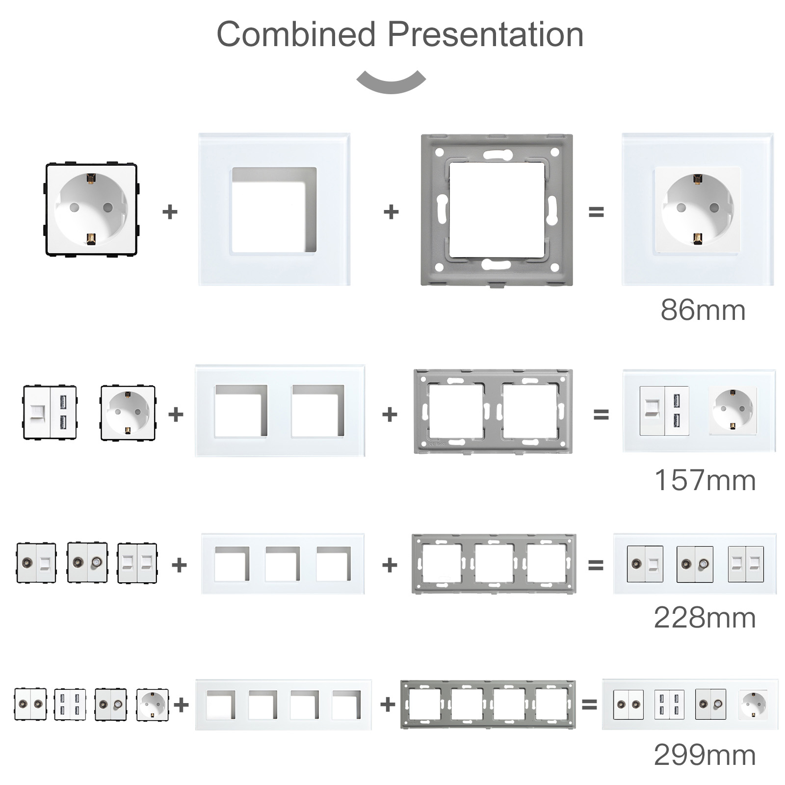 BSEED Weiße Glasscheibe mit Internet-Buchse TV ST Katze5 RJ45 Funktionsteile Doppel-USB-Buchse EU-Wandstecker DIY freie Kombination