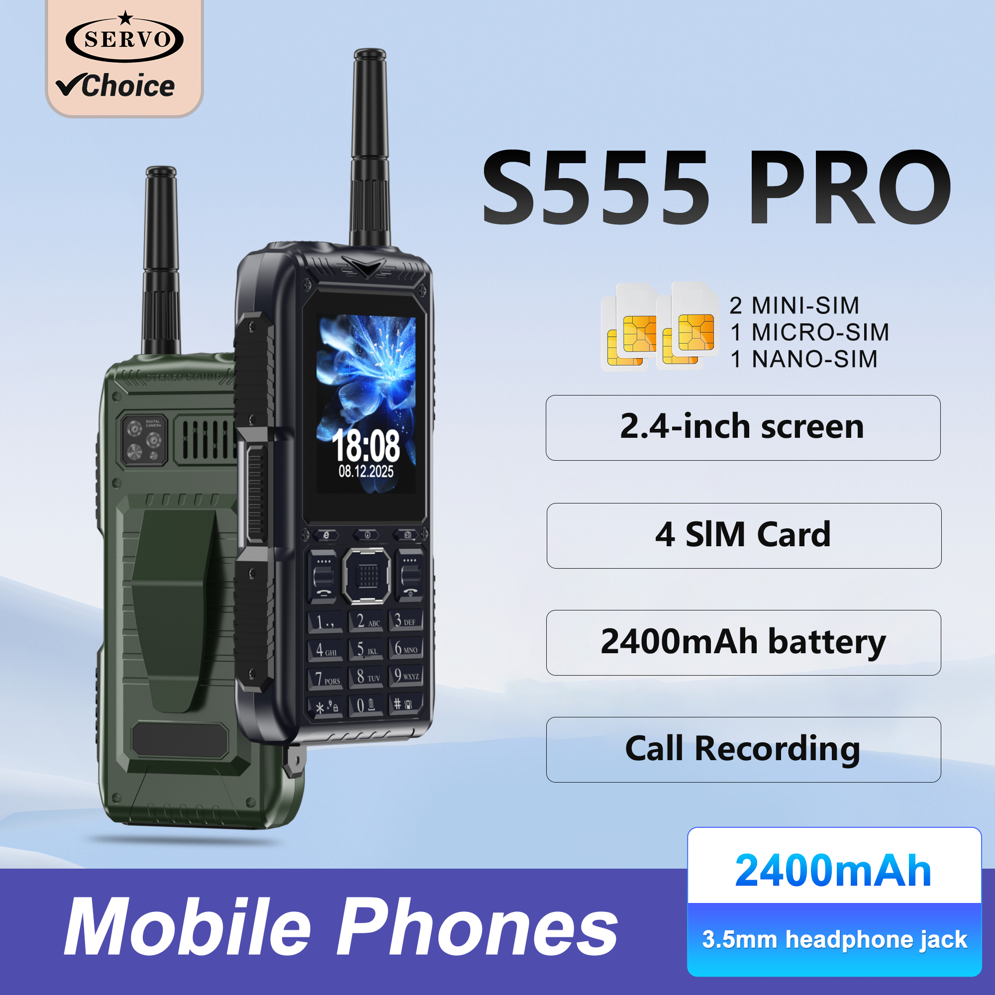 SERVO S555 PRO 2G GSM Multi-functie mobiele telefoon 4 simkaart Gespreksopname Blacklist Zaklamp 2,4 "scherm Mobiele telefoon FM-radio