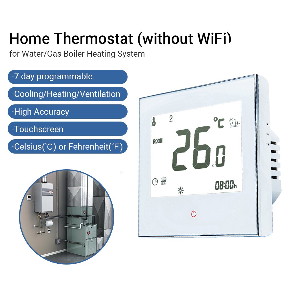 Programmeerbare thermostaat voor thuis met wifi voor water/gasboiler, slimme touchscreen thermostaat voor alleen verwarming met app en spraakbediening: Wit zonder wifi