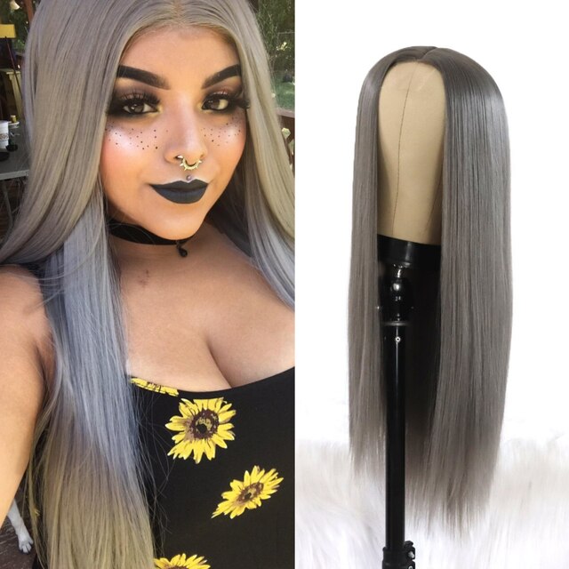 Long Straight Synthetic Lace Wigs Heat Resistant Gray Wig Natural Hair Wig For Women 180 Density 22-24 inch: Default Title
