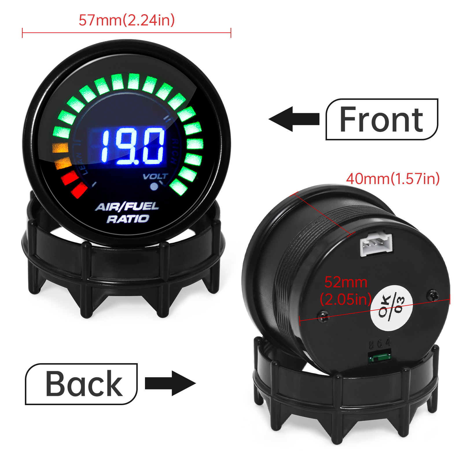 52mm Digital Car AFR Gauge 2 in 1 AFR Gauge Voltmeter Racing Gauge Air Fuel Ratio Gauge Narrowband for 12V Car Volt Meter