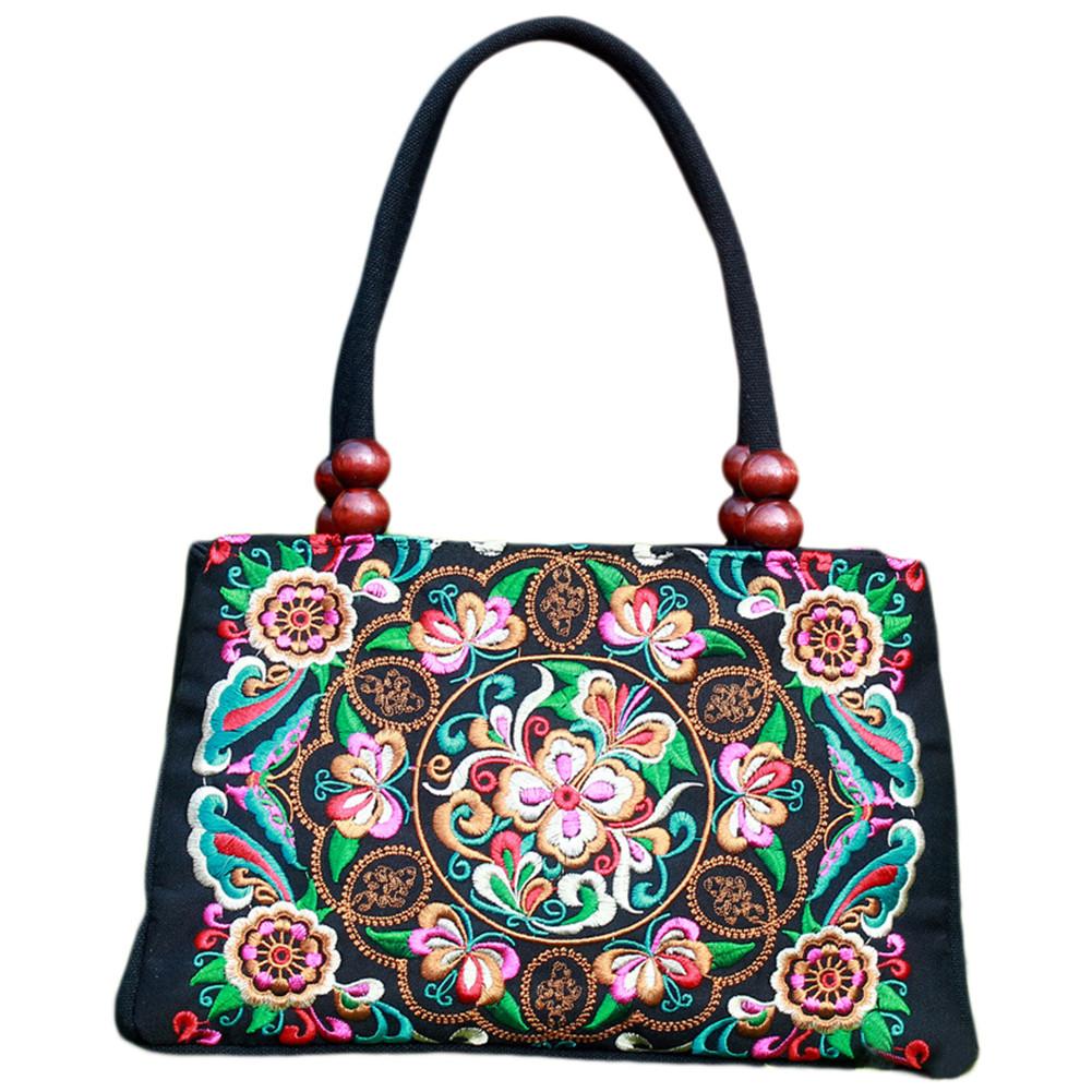 Women's Tote Bag - Floral Embroidered Canvas - Zipper Closure - Shoulder Top-Handle - Vintage Style: G