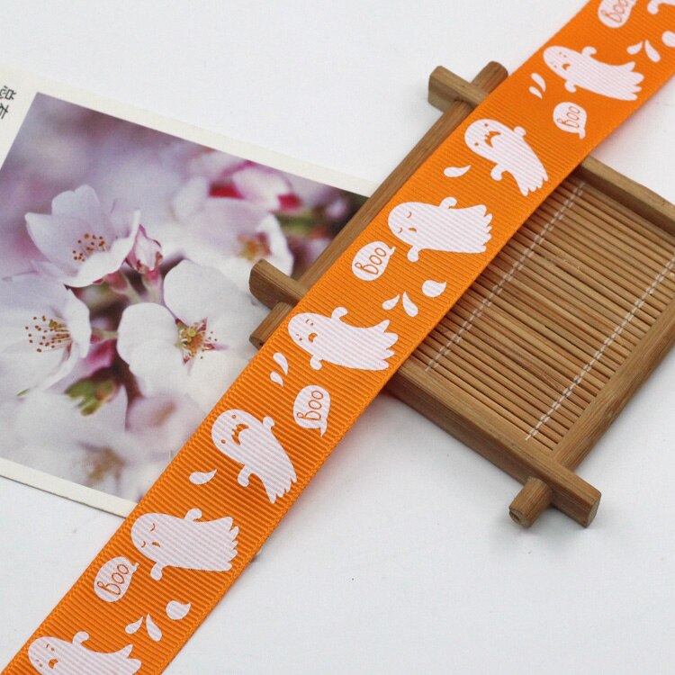 1 yard  (25mm)  halloween tegneseriemønster grosgrain bånd tape festdekoration indpakning gør-det-selv festdekorationsmateriale: Orange spøgelse
