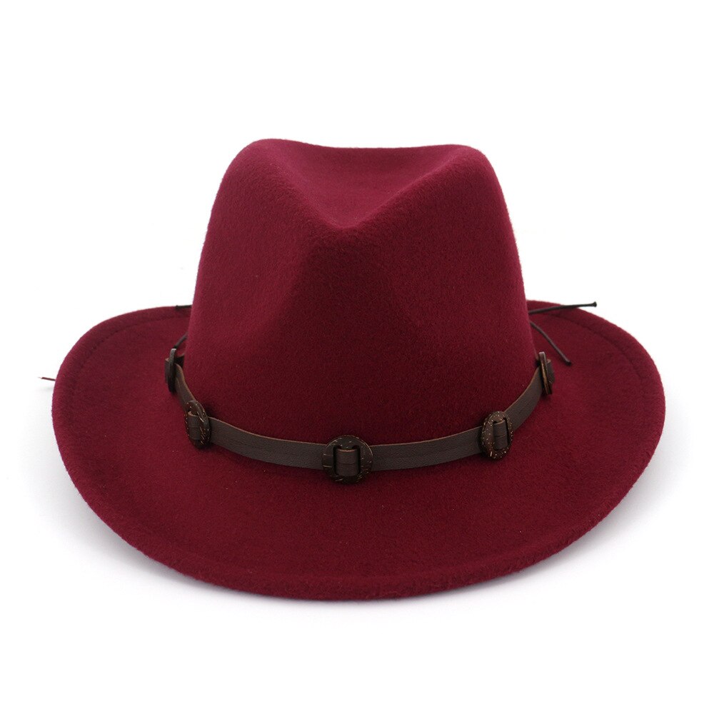 6 farver jazz fedora solhat mænd kvinder filt hatte bånd band western cowboy hat sort trilby bowler hat til unisex  ae0001: Rødvin