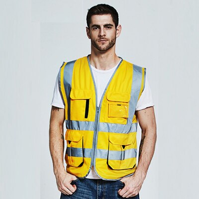 Sfvest herre cargo arbeidsvest multi lommer gylden sikkerhetsvest reflekterende vest arbeidsklær ogo utskrift: Gylden / Xl-bryst 124cm