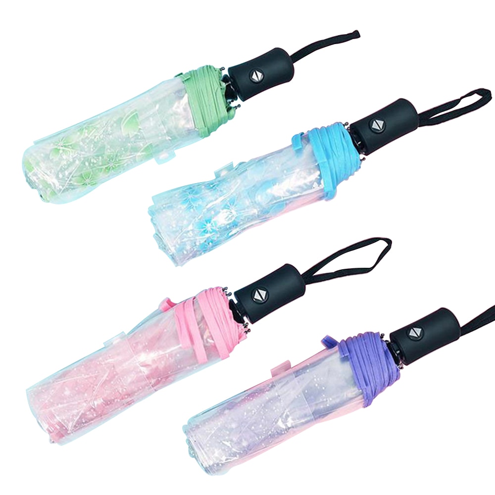 Paraguas transparente automático de lluvia para mujer, paraguas femenino de 3 etapas con 8 costillas, rosa, Morado, azul y verde, con imagen