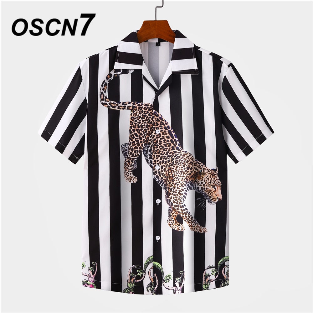 Oscn 7 tilfeldig stripetrykt kortermet skjorte menn street hawaii beach oversize kvinner harujuku skjorter for menn  mx008